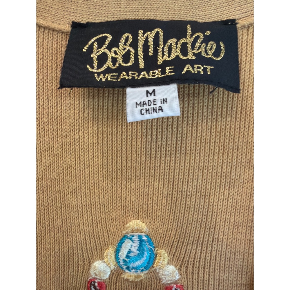 Bob Mackie Wearable Art Embroidered Dreamcatcher Cardigan Sweater Tan Womens M - Picture 2 of 6